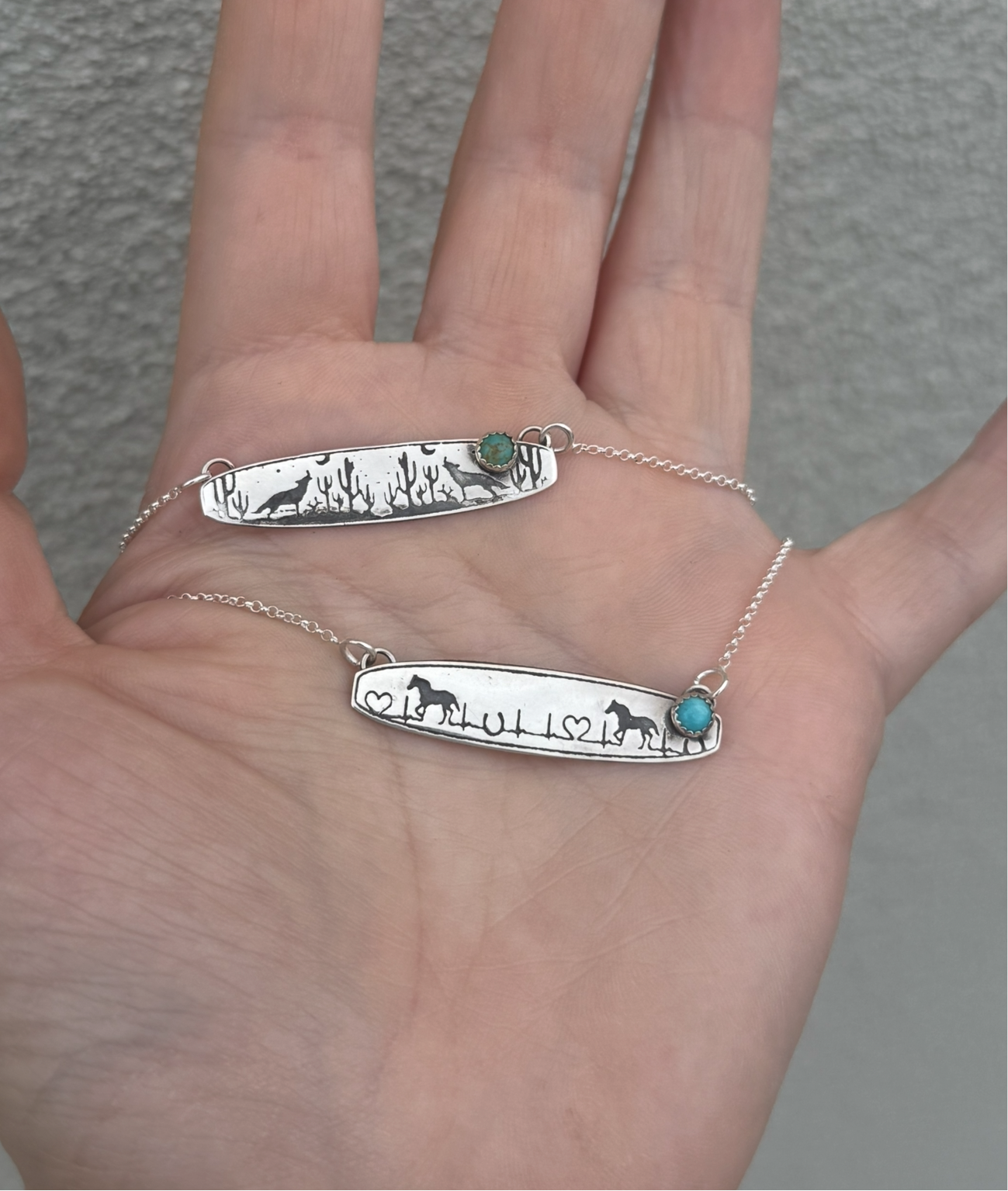 Hand Stamped Sterling Silver Bar Necklace w/ Kingman Turquoise