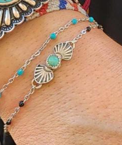 Bar Connectors W/ Hand Stamped Fan Detail And Kingman Turquoise