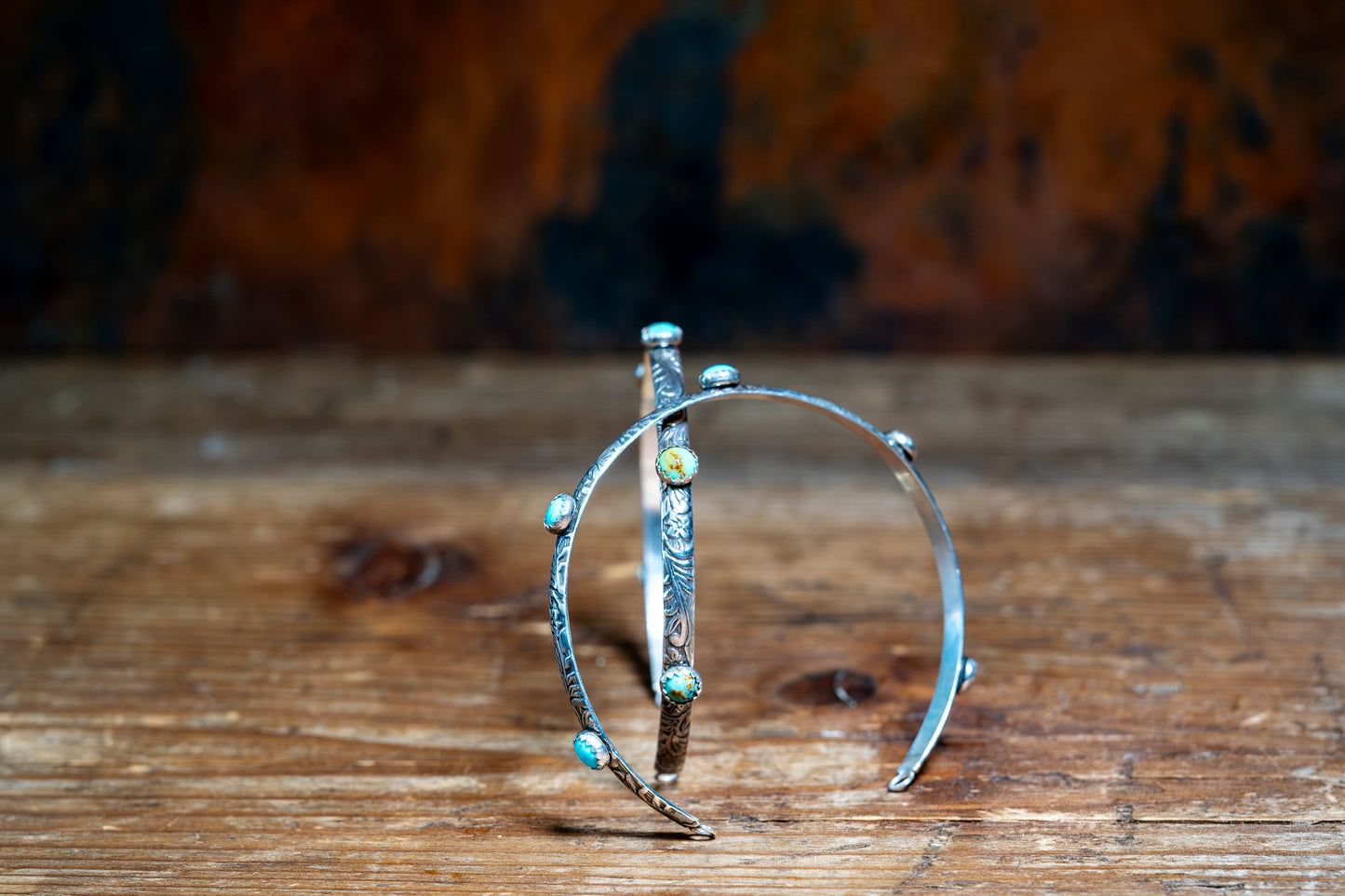 Sterling Silver Floral Bangle With Kingman Turquoise