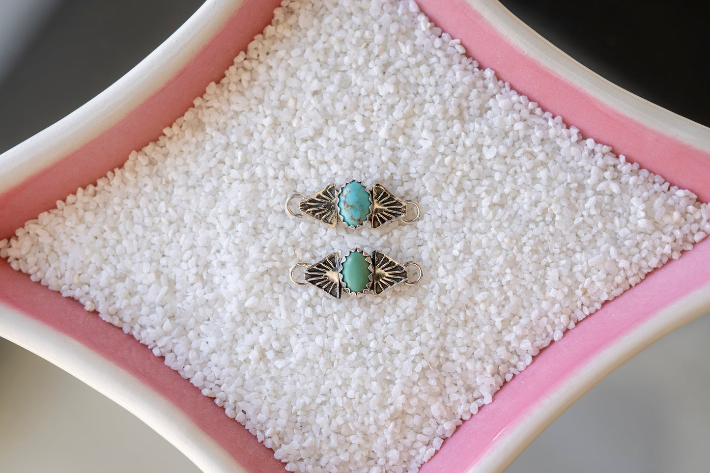 Bar Connectors W/ Hand Stamped Triangle Detail And Kingman Turquoise