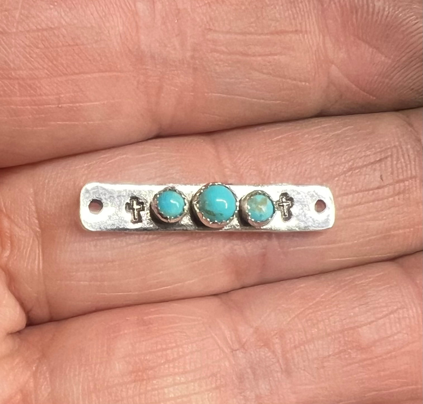 Sterling Silver Stamped Cross Connector w/3 Kingman Turquoise Stones