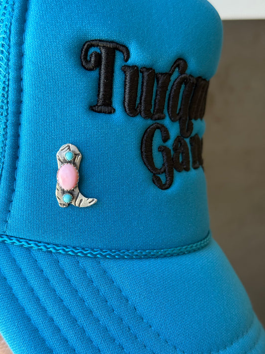 Sterling Silver Hat Pin With Pink Conch And Kingman Turquoise