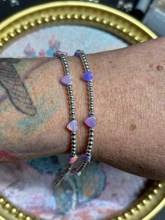 Sterling Silver Beaded Permanent Jewelry Strand W/ Purple Aurora Opal Hearts