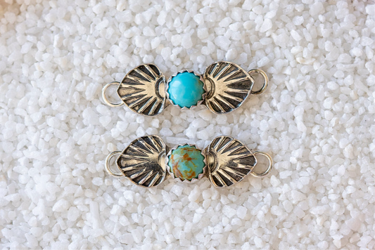 Bar Connectors W/ Hand Stamped Fan Detail And Kingman Turquoise
