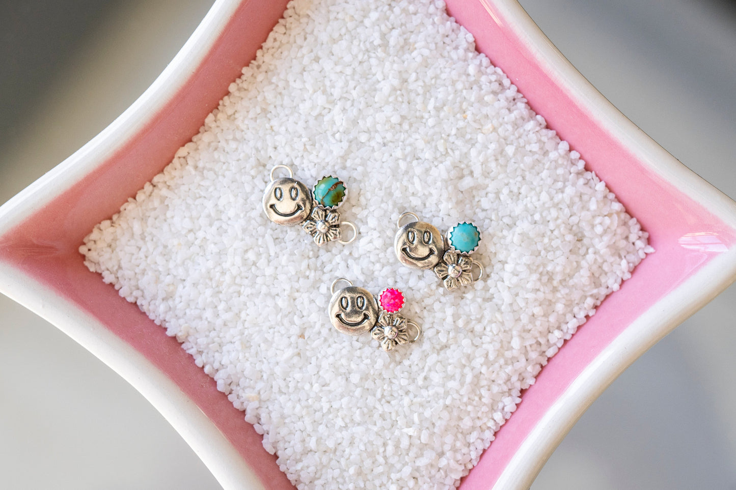 Smiley Face & Flower Connector w/ Kingman Turquoise Or Bello Opal