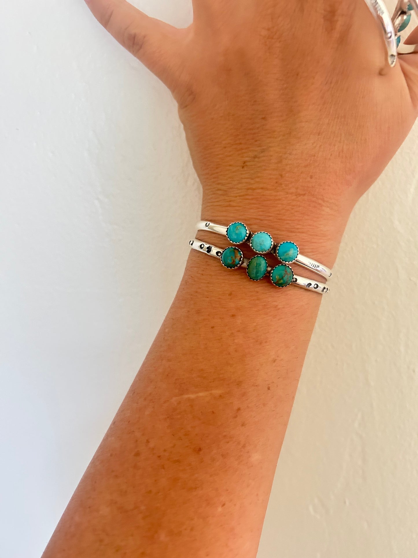 Sterling Silver Hand Stamped Cuffs - Kingman Turquoise