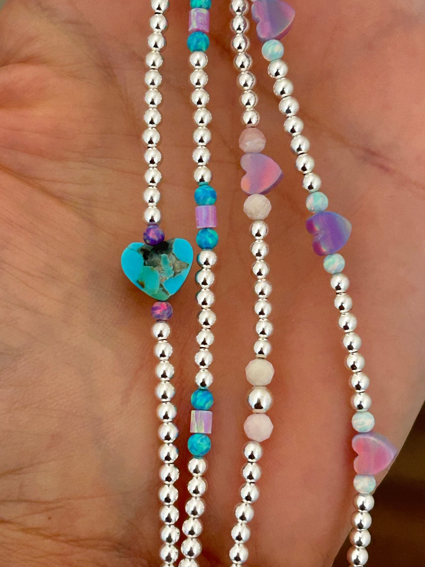 Sterling Silver Beaded Permanent Jewelry Strand With Cotton Candy Opal Accents