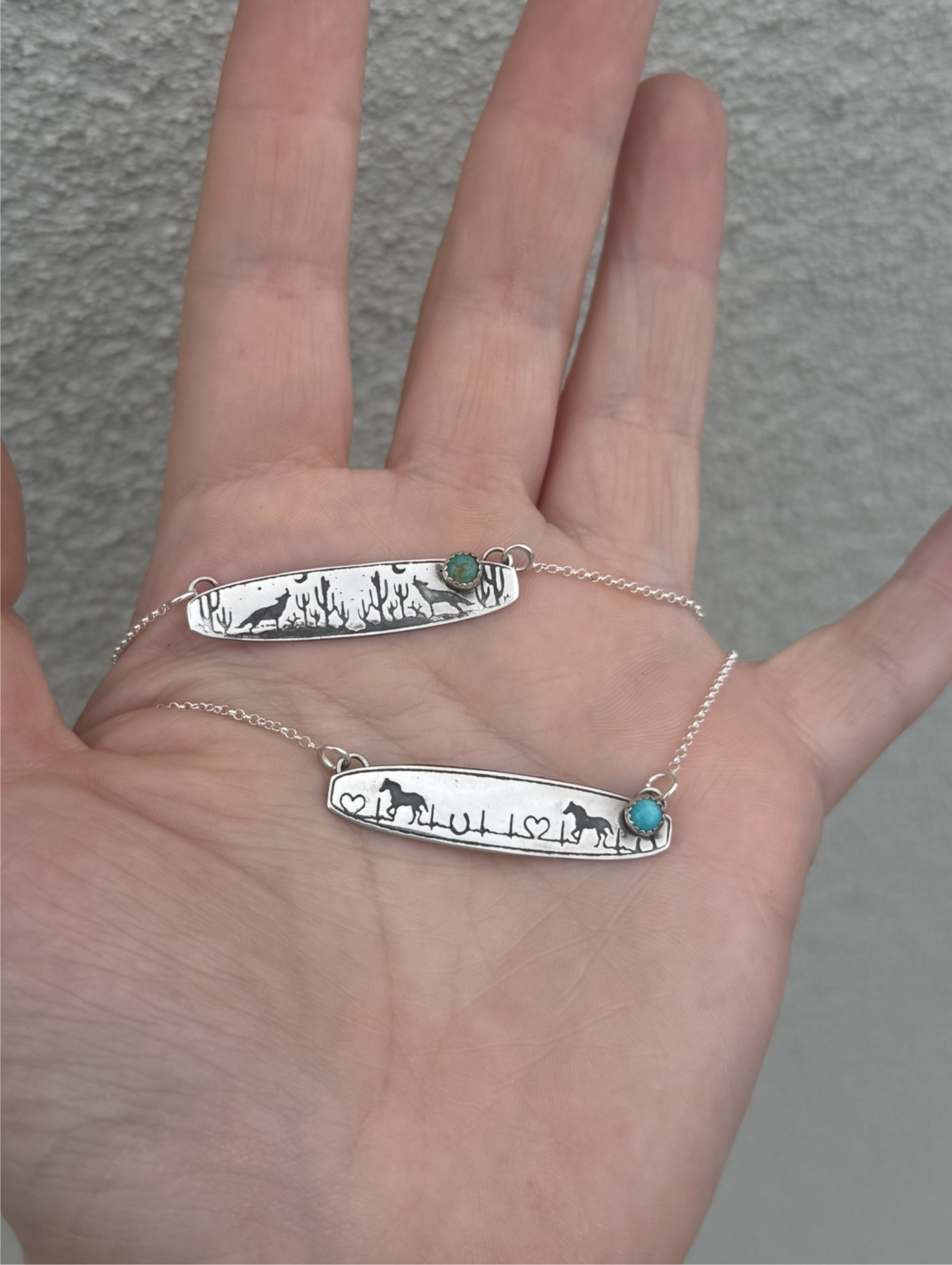 Hand Stamped Sterling Silver Bar Necklace w/ Kingman Turquoise