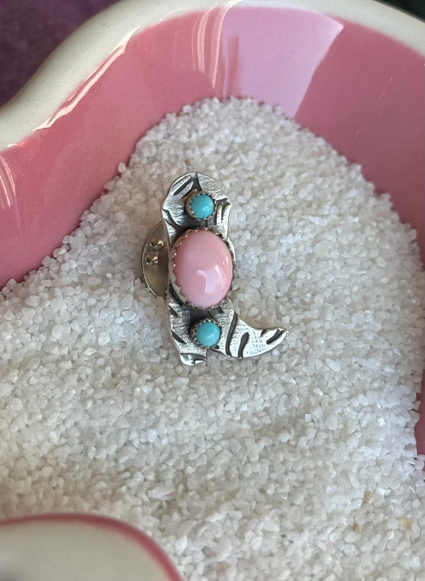 Sterling Silver Hat Pin With Pink Conch And Kingman Turquoise