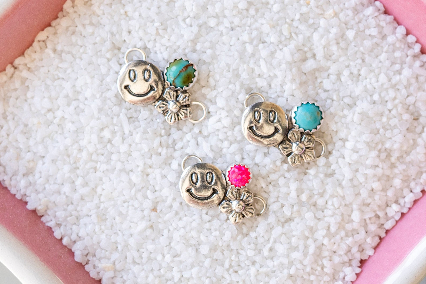 Smiley Face & Flower Connector w/ Kingman Turquoise Or Bello Opal