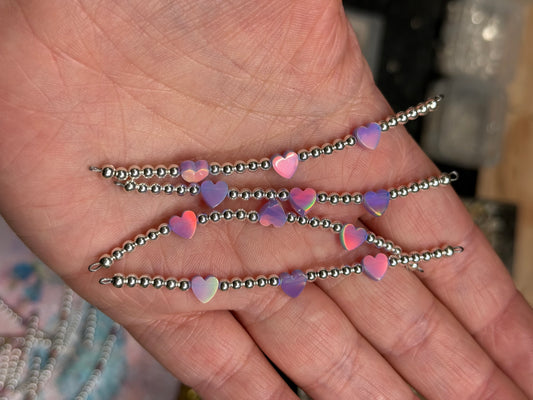 Sterling Silver Beaded Mini Strand W/ Aurora Opal Hearts