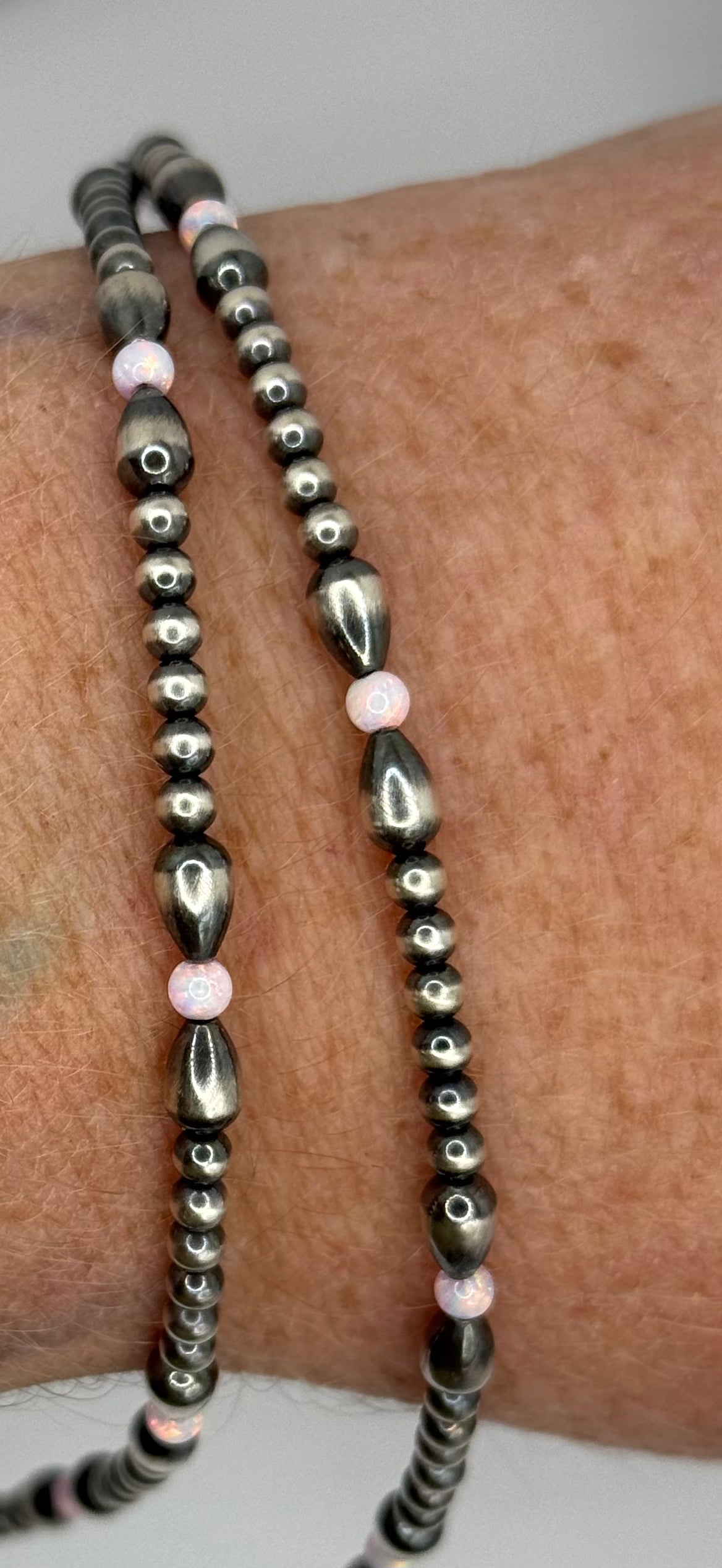 Navajo Pearl - Permanent Jewelry Strand - Bows W/ Pink Bello Opal