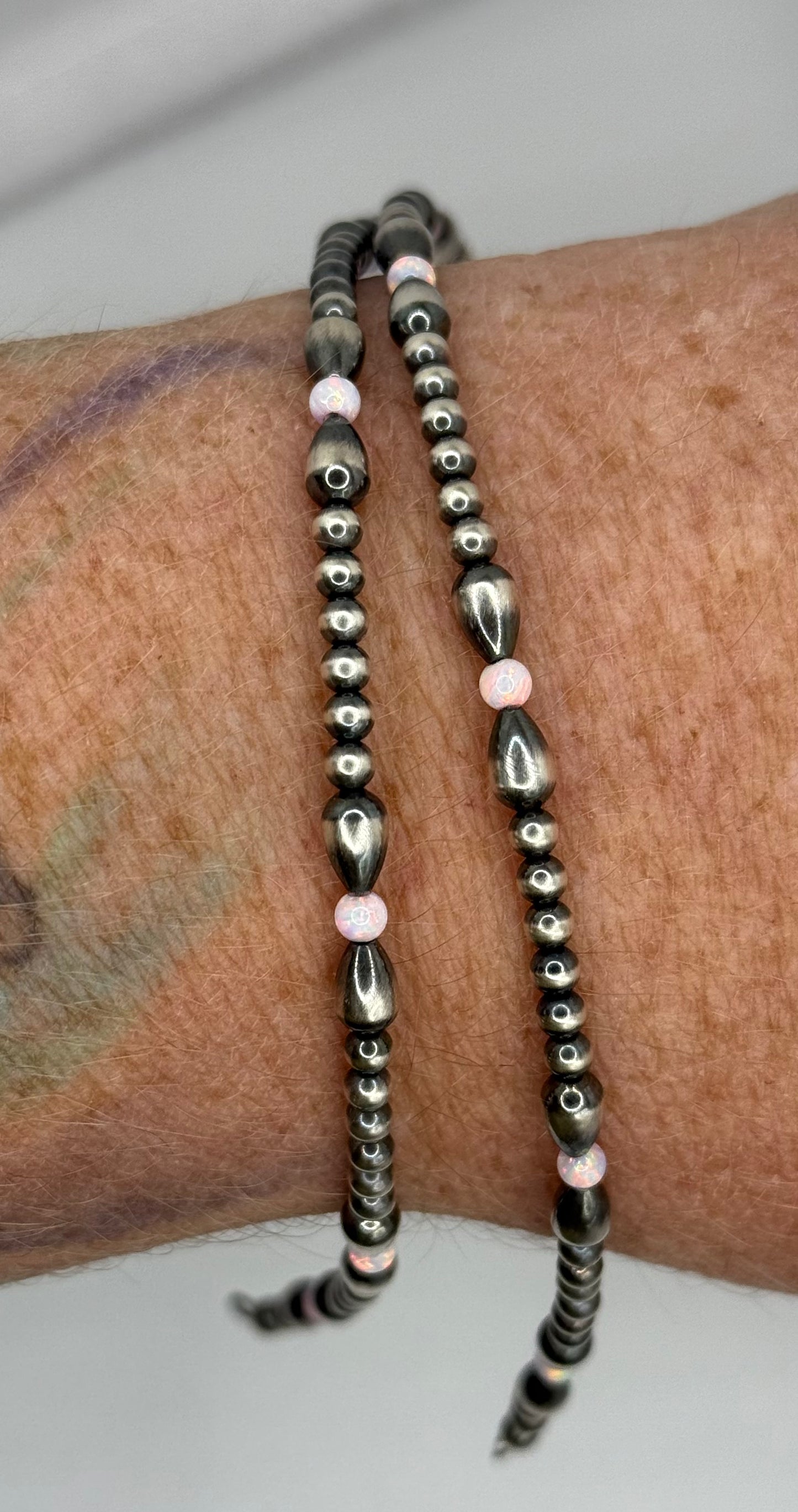 Navajo Pearl - Permanent Jewelry Strand - Bows W/ Pink Bello Opal
